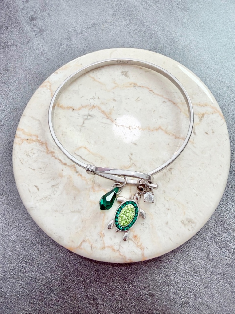 Silver Plated Charm Stacking Bracelet Green Turtle Emerald Crystal CZ Accents